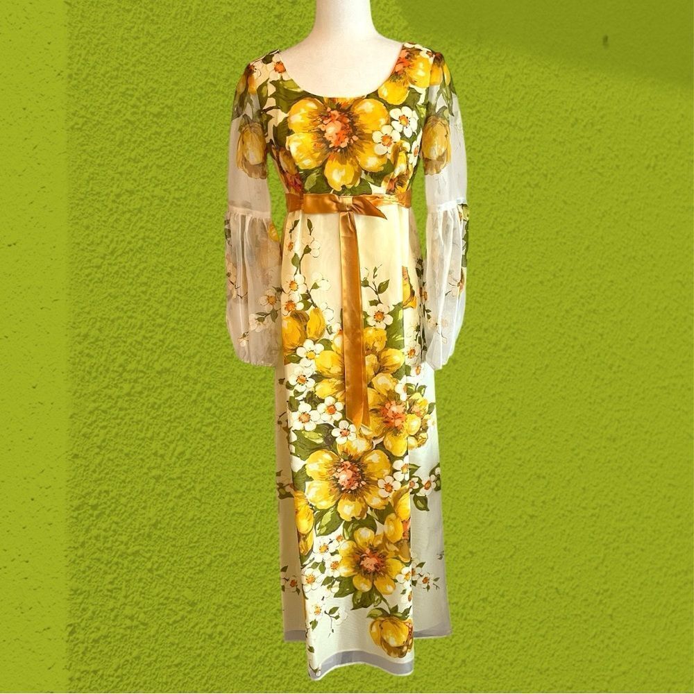 60s vintage Nu-Mode chiffon empire waist gown floral